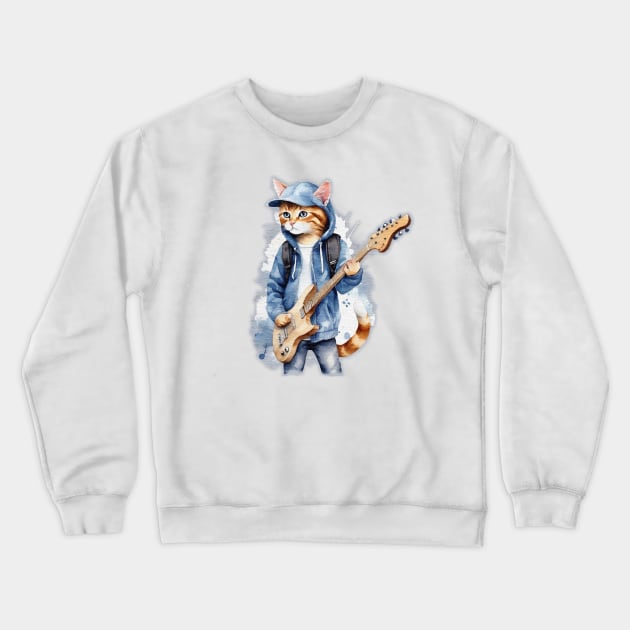 Cute streat cat wearing a hoodie with cap playing guitar watercolor splash Crewneck Sweatshirt by JnS Merch Store